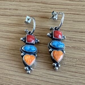 Vintage Don Lucas Sterling Silver Coral, Turquoise & Spiny Oyster Drop Earrings